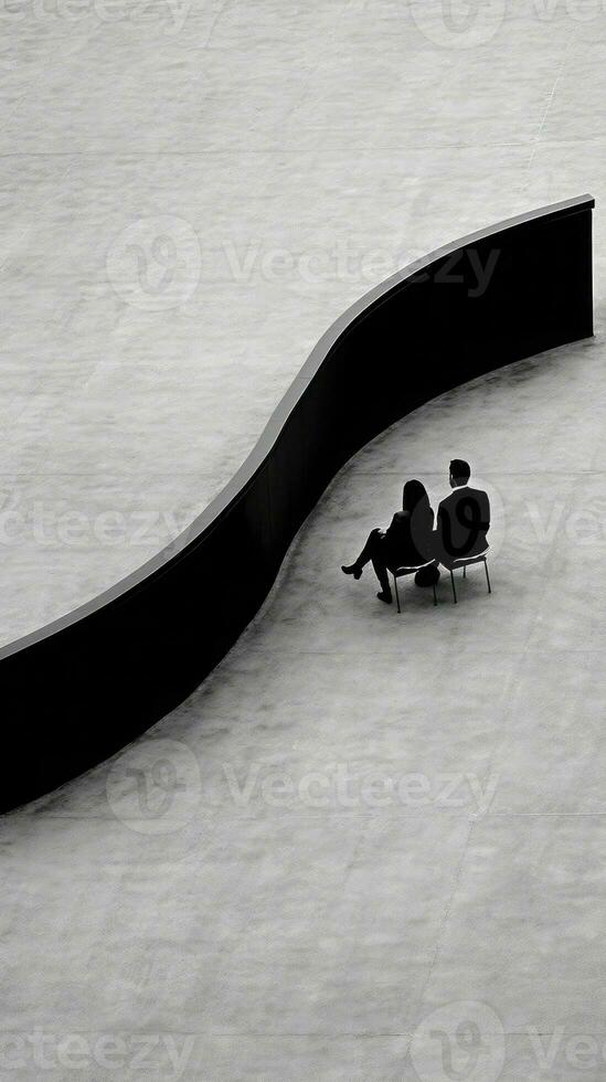 een schilderij van twee mensen zittend in de midden- van een lijn, generatief ai foto