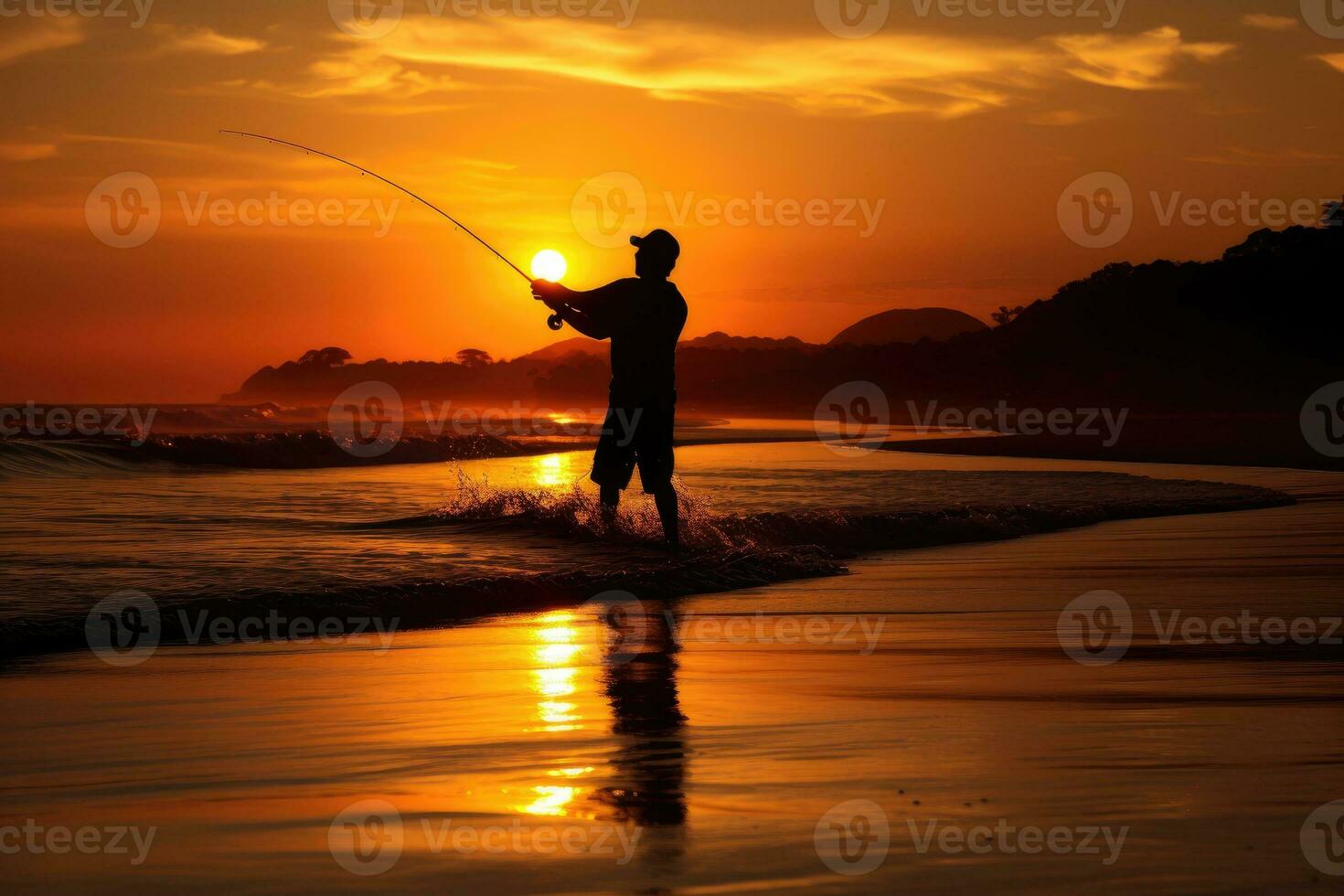 silhouet van Mens visvangst Bij zonsondergang foto