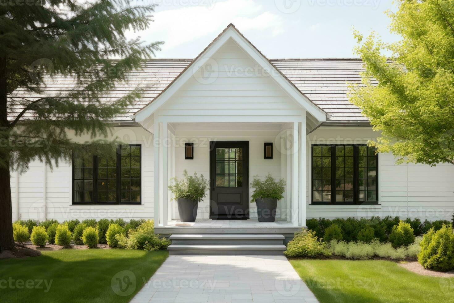 klein wit huis met Ingang veranda foto