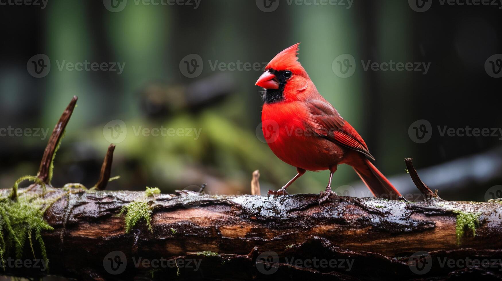 foto van een noordelijk kardinaal staand Aan een gedaald boom Afdeling Bij ochtend. generatief ai