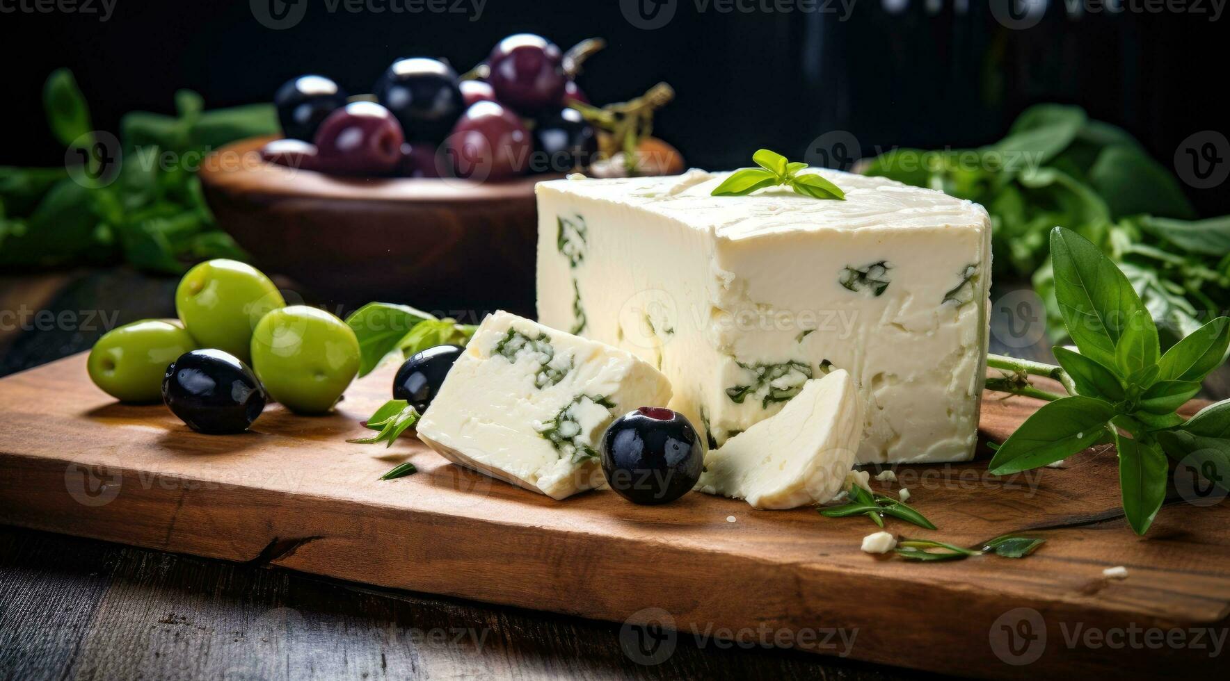 feta kaas met olijven en basilicum Aan een hakken bord de meest beroemd Grieks kaas. foto