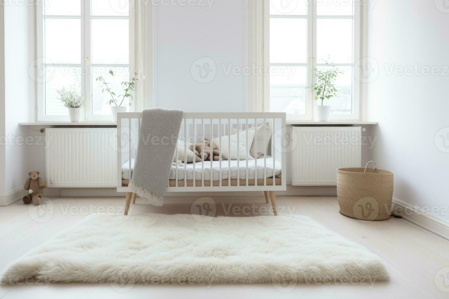 gemakkelijk, wit baby slaapkamer met kinderbed en tapijt. foto