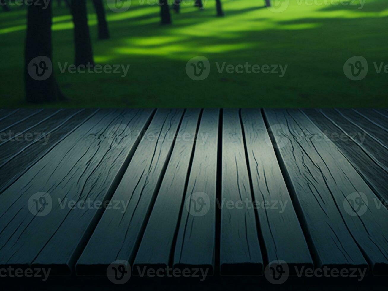 houten tafel en vervagen tropisch groen gras achtergrond, Product Scherm montage. hoog kwaliteit foto 8k fhd ai gegenereerd