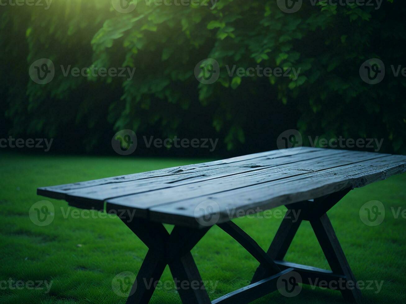 houten tafel en vervagen tropisch groen gras achtergrond, Product Scherm montage. hoog kwaliteit foto 8k fhd ai gegenereerd