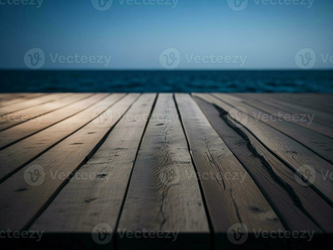 houten tafel en vervagen tropisch strand achtergrond, Product Scherm montage. hoog kwaliteit foto 8k fhd ai gegenereerd