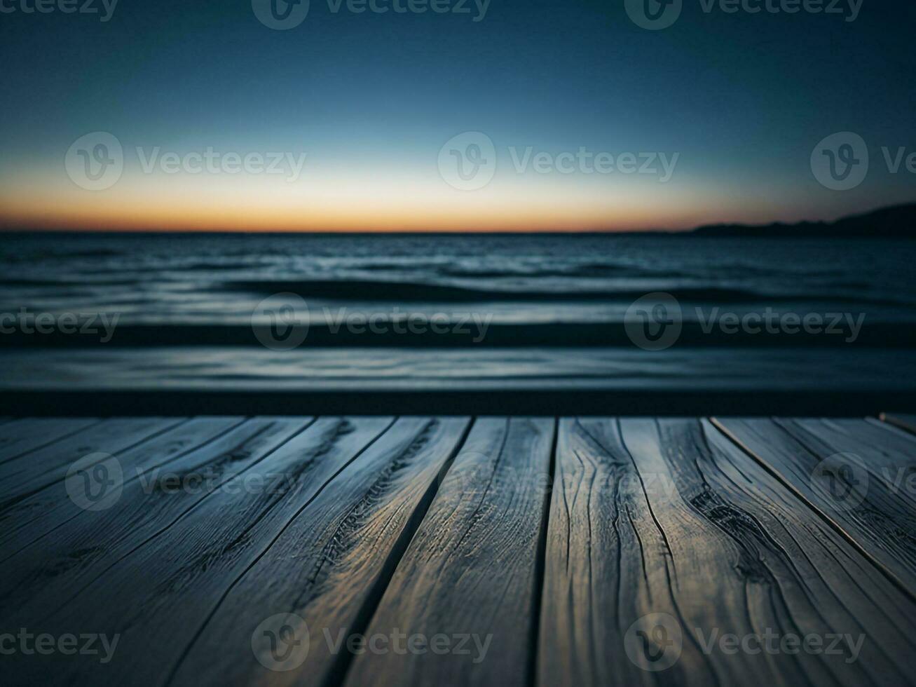 houten tafel en vervagen tropisch strand achtergrond, Product Scherm montage. hoog kwaliteit foto 8k fhd ai gegenereerd