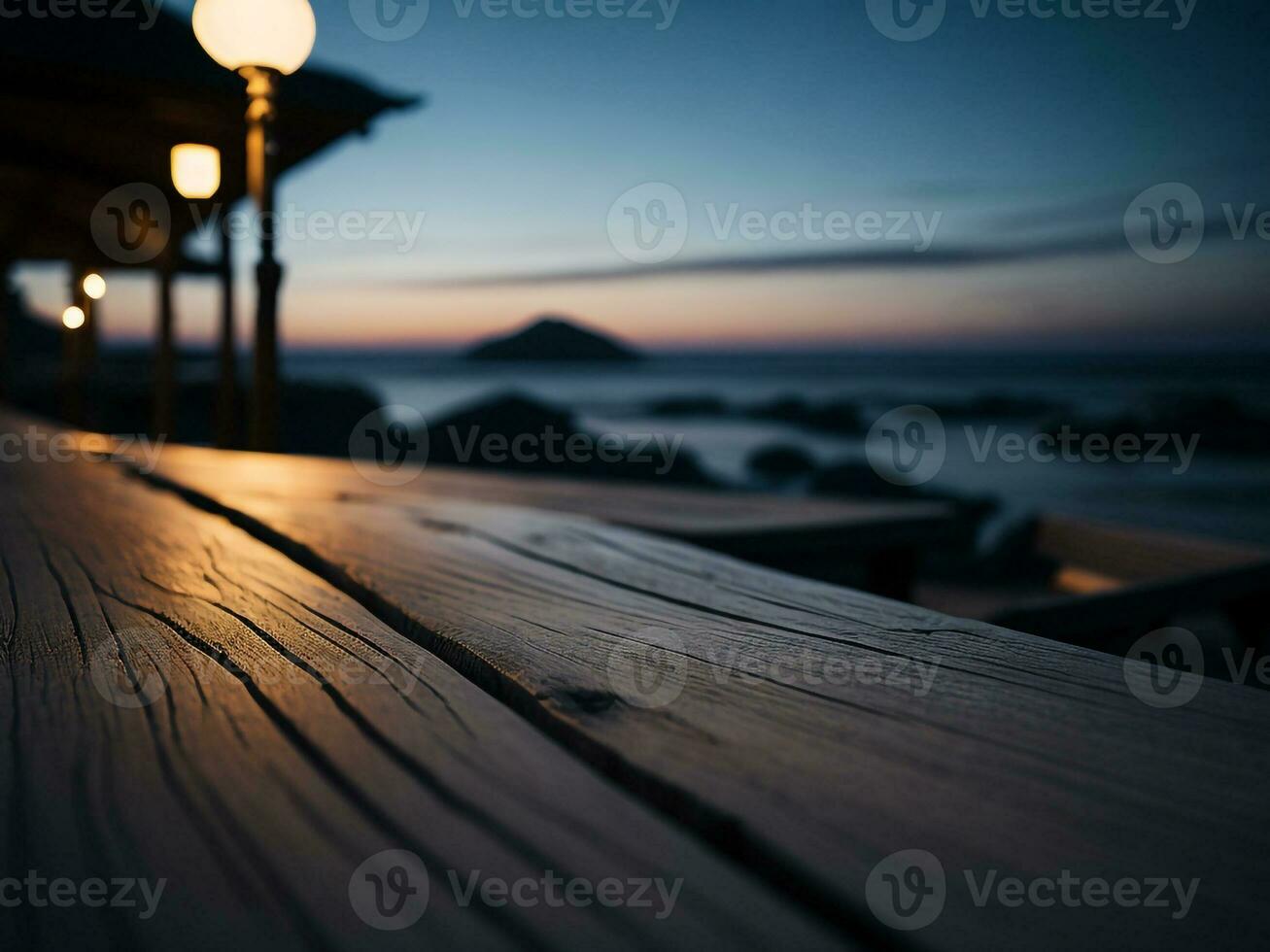 houten tafel en vervagen tropisch strand achtergrond, Product Scherm montage. hoog kwaliteit foto 8k fhd ai gegenereerd