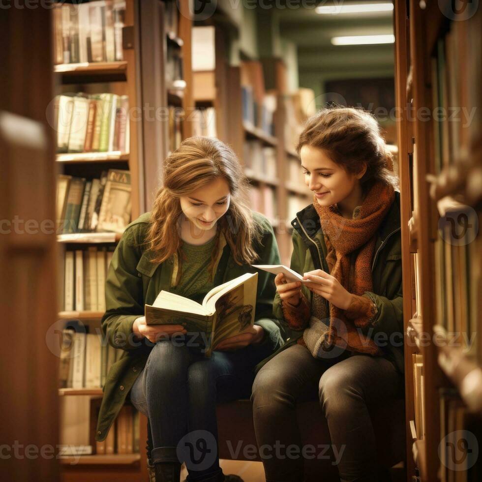 Universiteit studenten lezing boeken in bibliotheek voor Onderzoek. foto