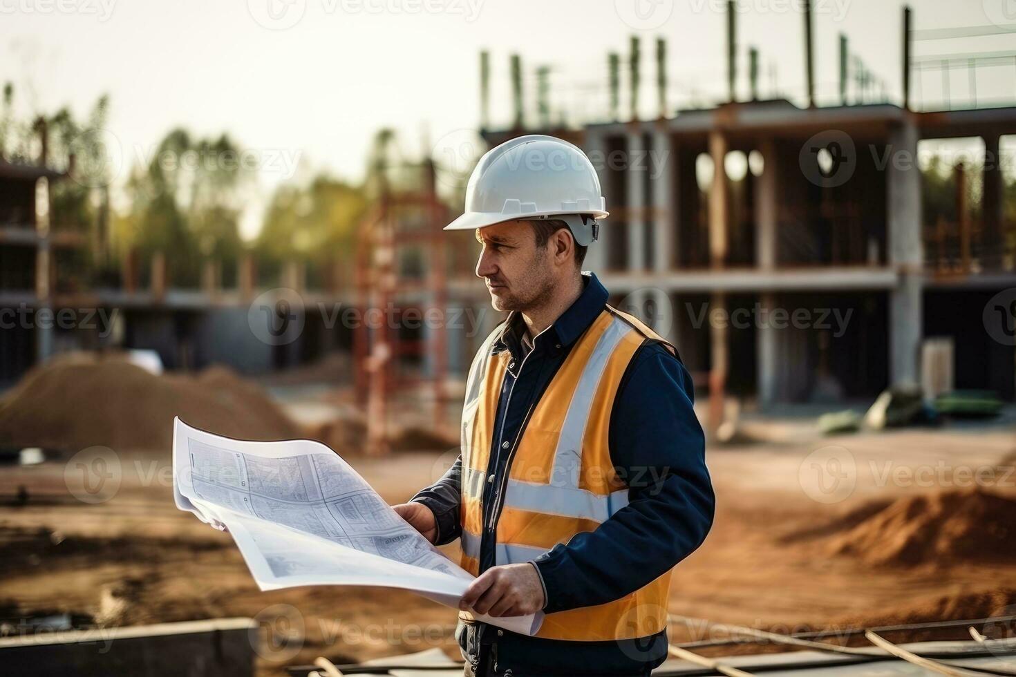 professioneel ingenieur in beschermend helm en blauwdrukken papier Bij huis gebouw bouw plaats. foto