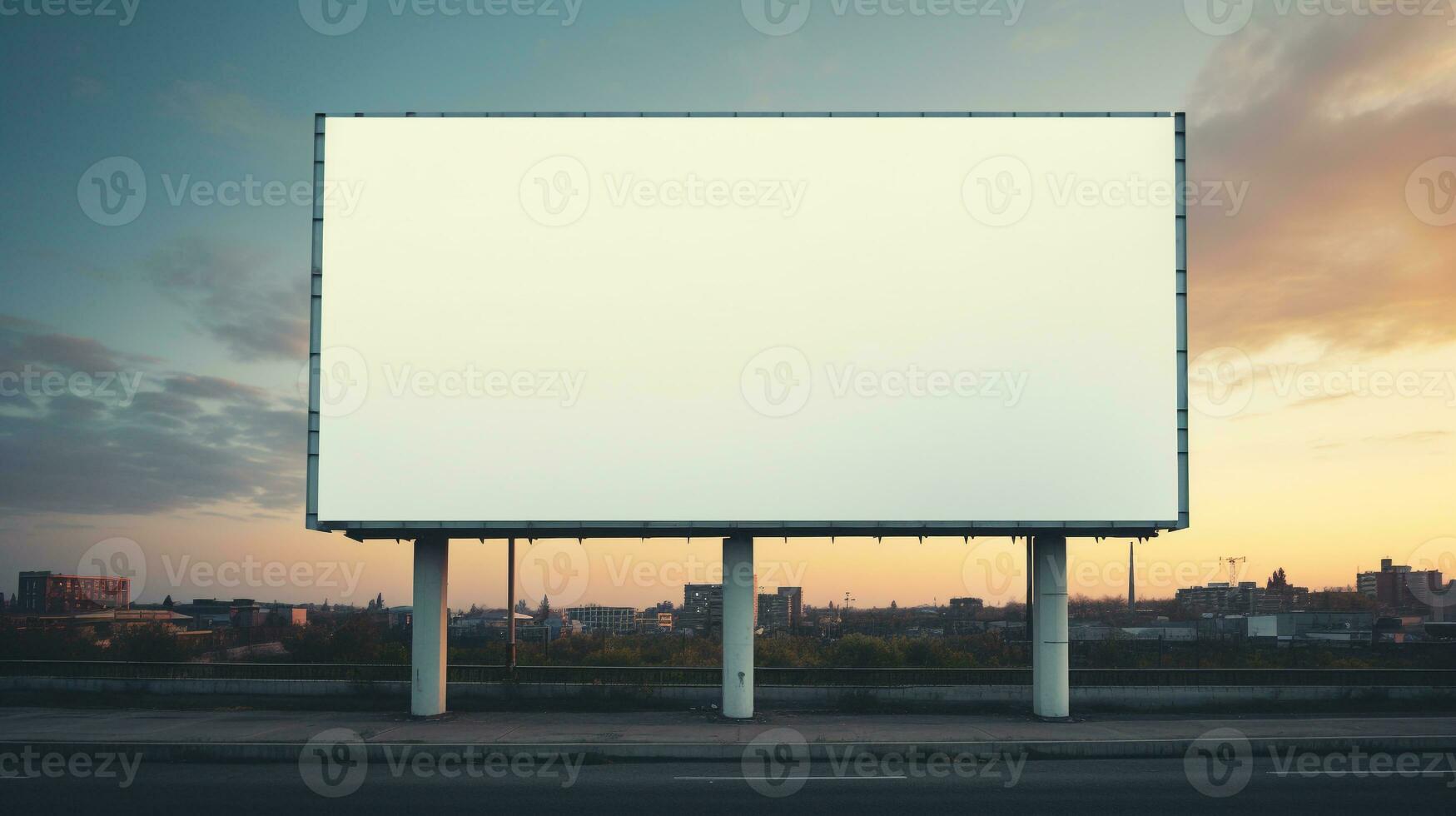 levendig zonsondergang vormen een vurig backdrop voor een blanco aanplakbord kader, perfect voor stoutmoedig reclame ai generatief foto