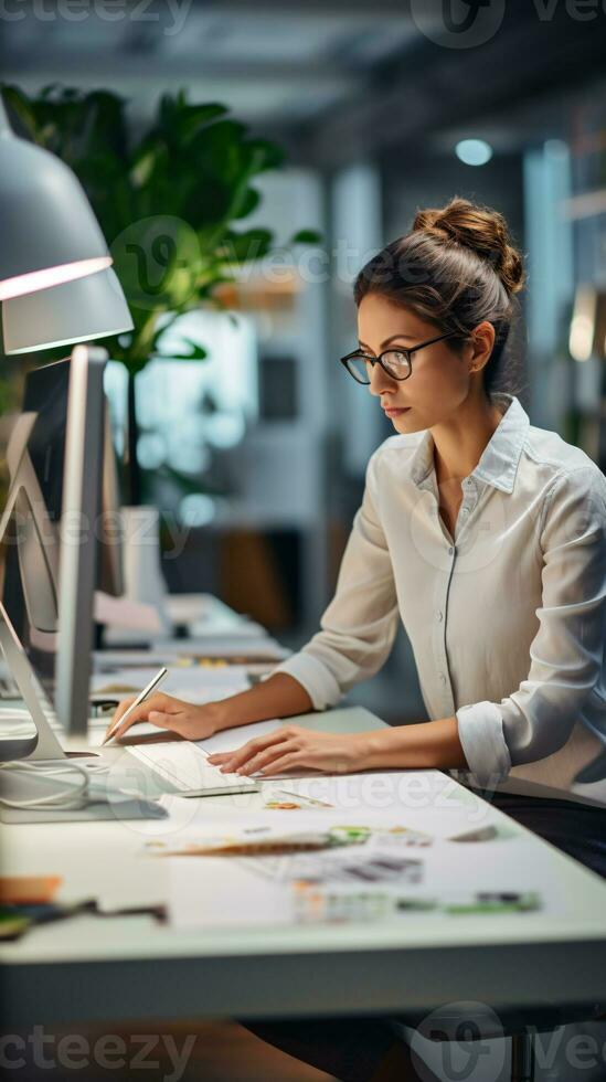 vrouw Bij een technologisch uitgerust werkstation met uitgebreid bovenzijde copyspace voor creatief bedrijf branding ai generatief foto