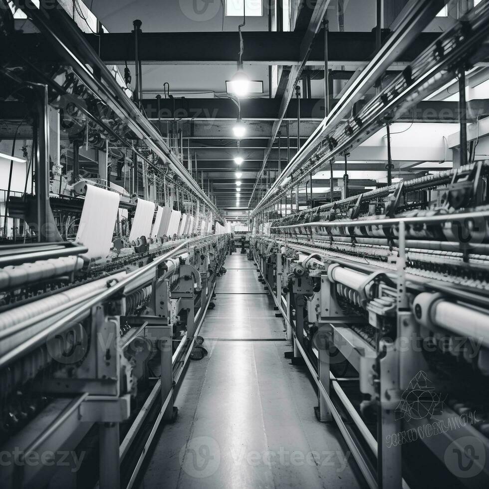 modern textiel fabriek met geautomatiseerd weefgetouwen het weven patronen ai generatief foto