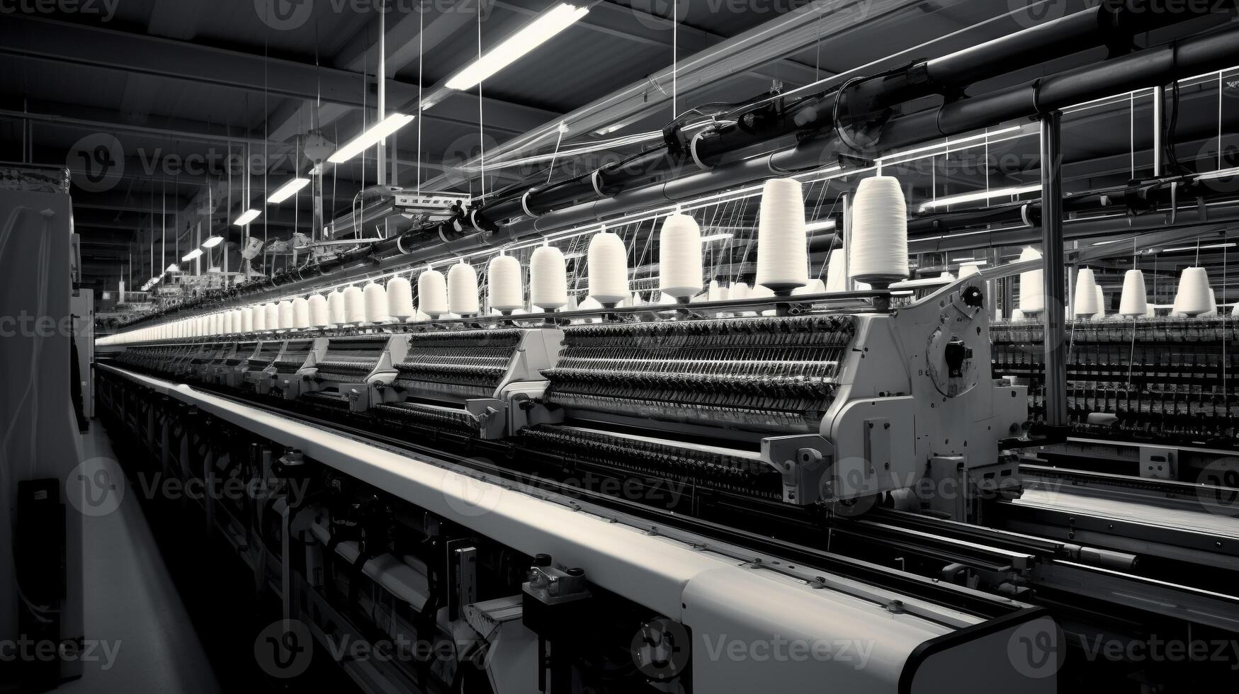 modern textiel fabriek met geautomatiseerd weefgetouwen het weven patronen ai generatief foto