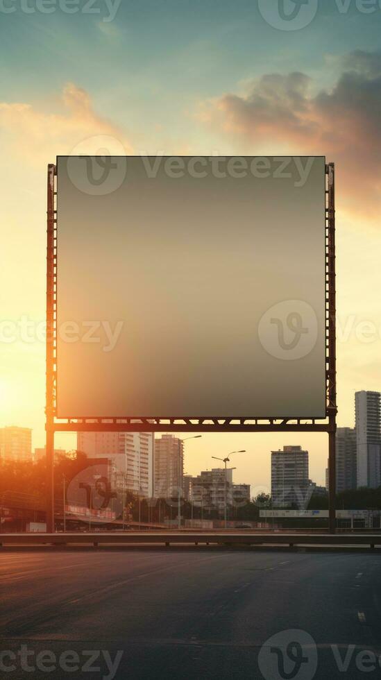 levendig zonsondergang vormen een vurig backdrop voor een blanco aanplakbord kader, perfect voor stoutmoedig reclame ai generatief foto