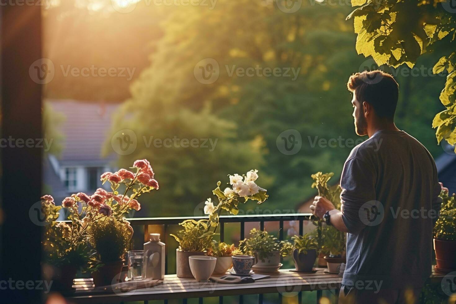 Mens omarmen een sereen ochtend- routine- Aan een zonovergoten balkon met uitzicht een levendig voorjaar tuin ai generatief foto