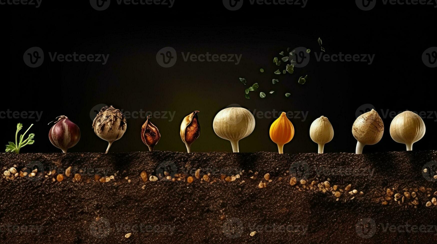 ontkiemen zaden van groente Aan de aarde in divers seizoenen, ai gegenereerd foto