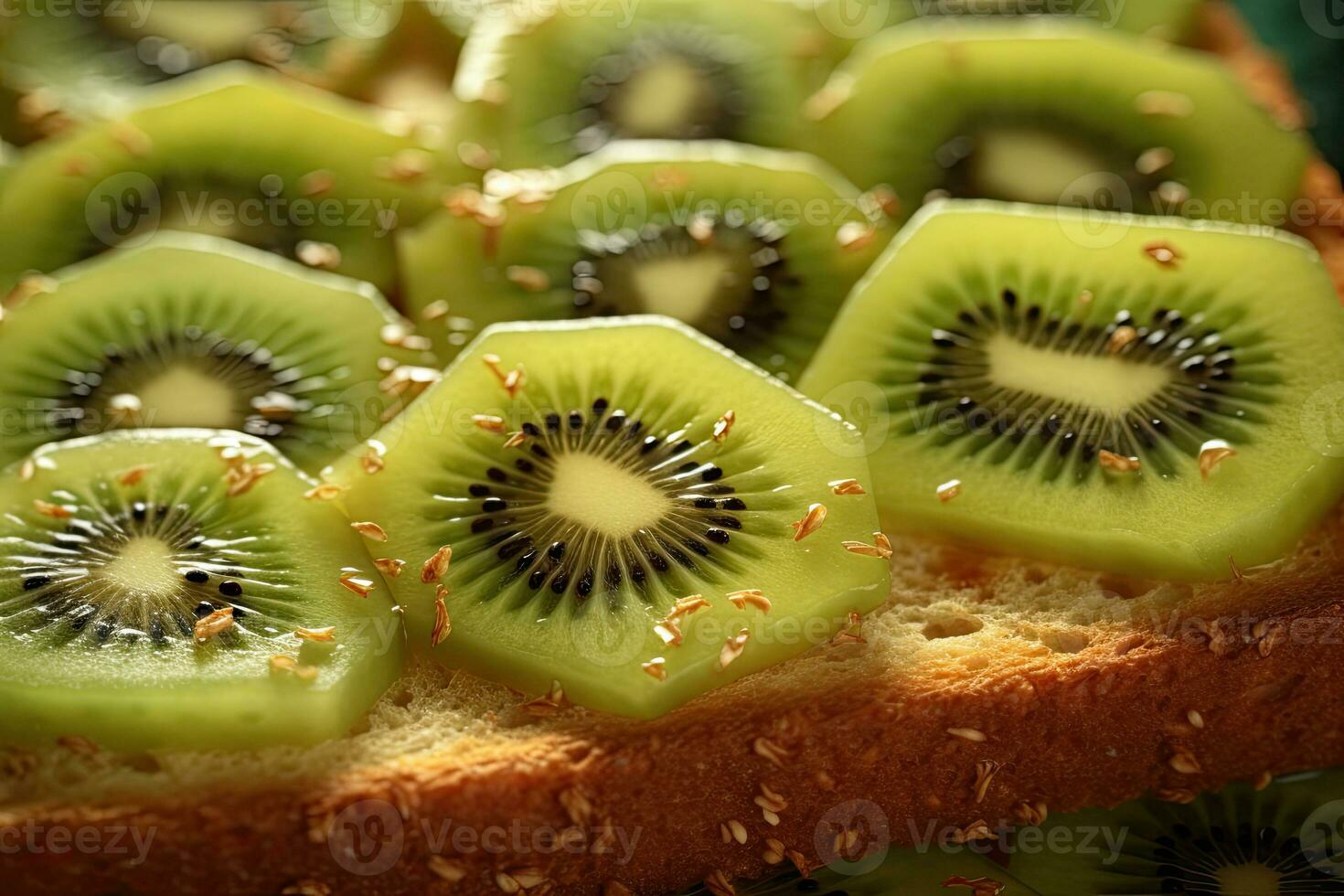 kiwi geroosterd brood, macro schot van een vers ontbijt met druipend honing, ai gegenereerd foto