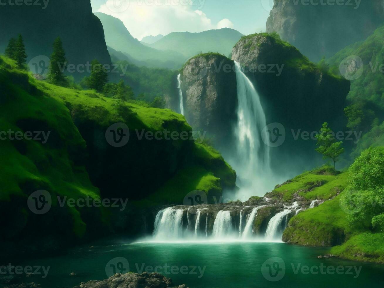 moutain met waterval groen natuur, generatief ai illustratie. foto