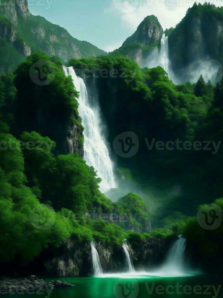 moutain met waterval groen natuur, generatief ai illustratie. foto