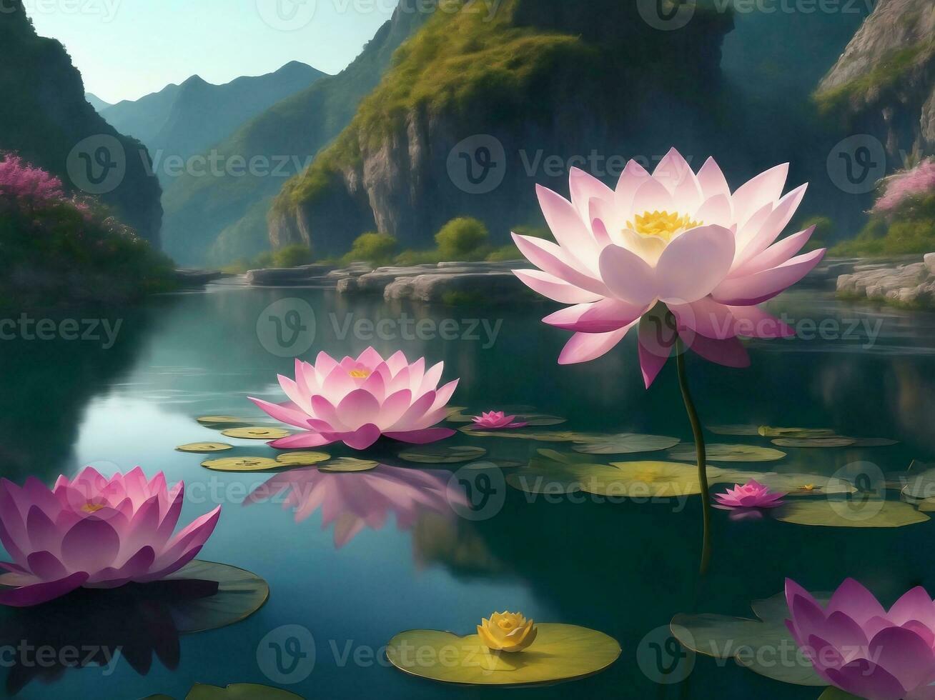 lotussen in een rivier- met moutain achtergrond, generatief ai illustratie. foto