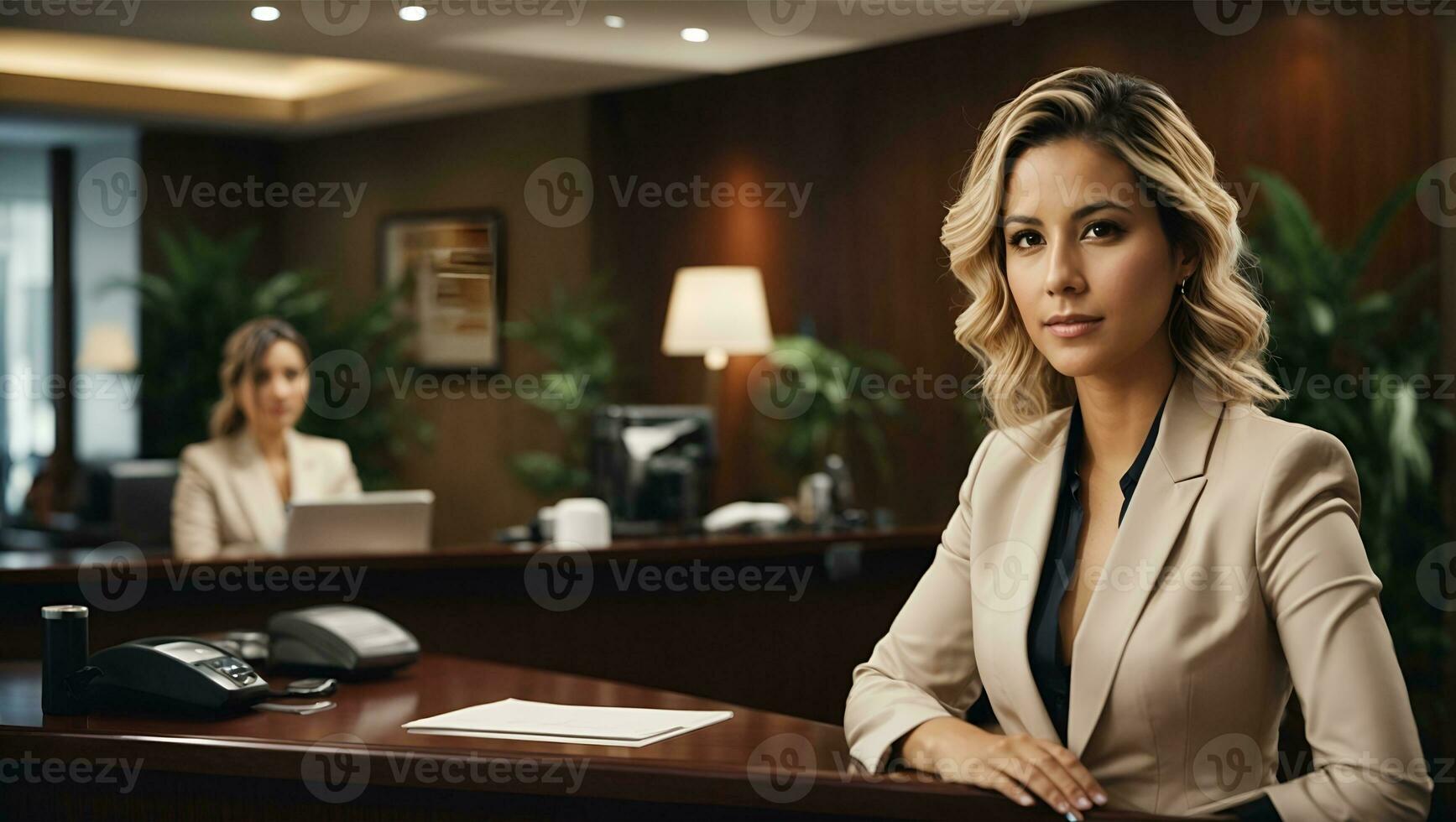 receptioniste en zakenvrouw Bij hotel voorkant bureau. ai gegenereerd foto