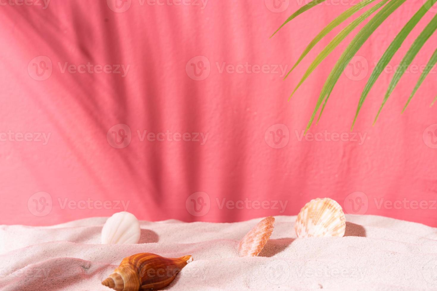 zomerachtergrond met roze muur, zeeschelp en zand foto