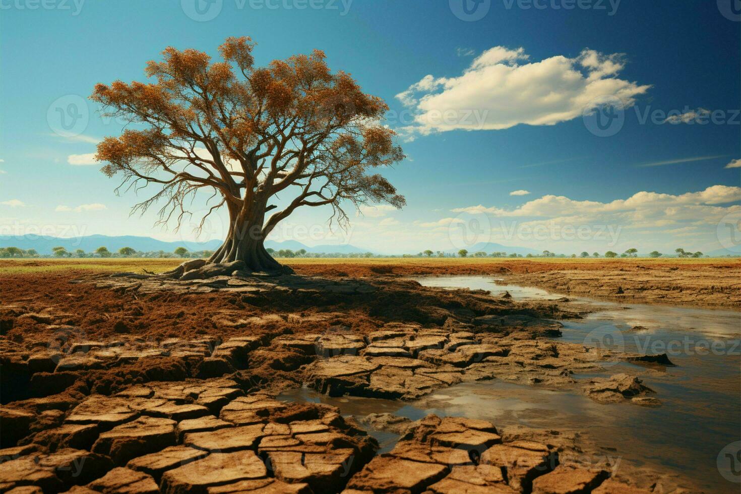 dor grond wiegen boom, illustreren klimaat veranderingen water crisis Effecten te midden van globaal opwarming ai gegenereerd foto