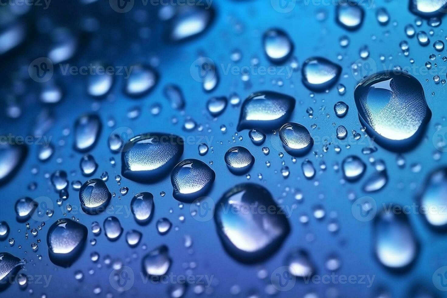 water druppels Aan een diep blauw achtergrond met gradatie en highlights ai gegenereerd foto