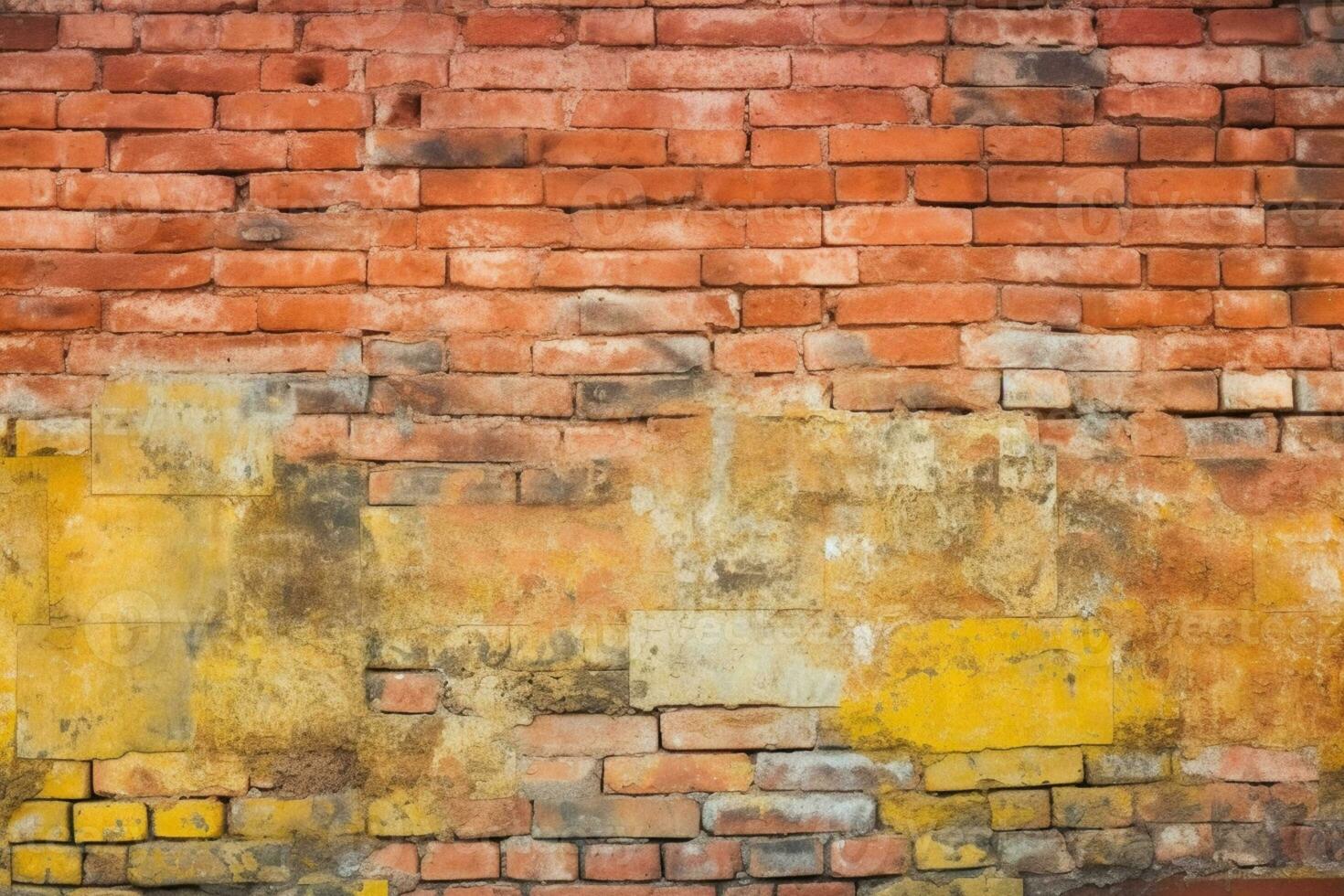 oud en verweerd grungy geel en rood steen muur net zo naadloos patroon structuur achtergrond ai gegenereerd foto