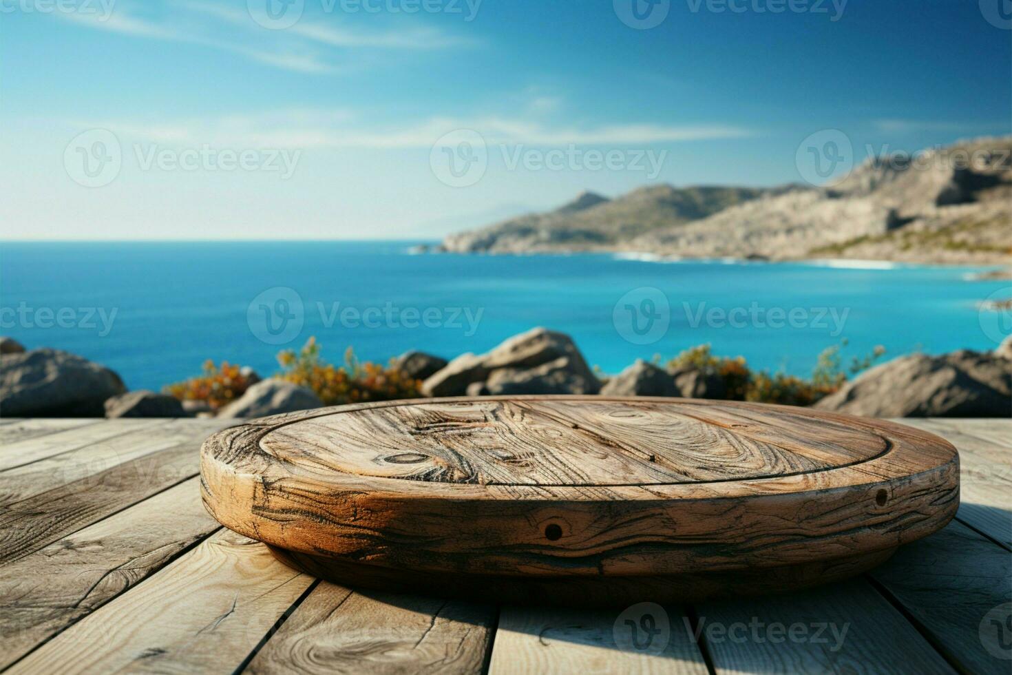 zeegezicht fusie houten tafel temidden van wazig zee eiland en expansief blauw lucht ai gegenereerd foto