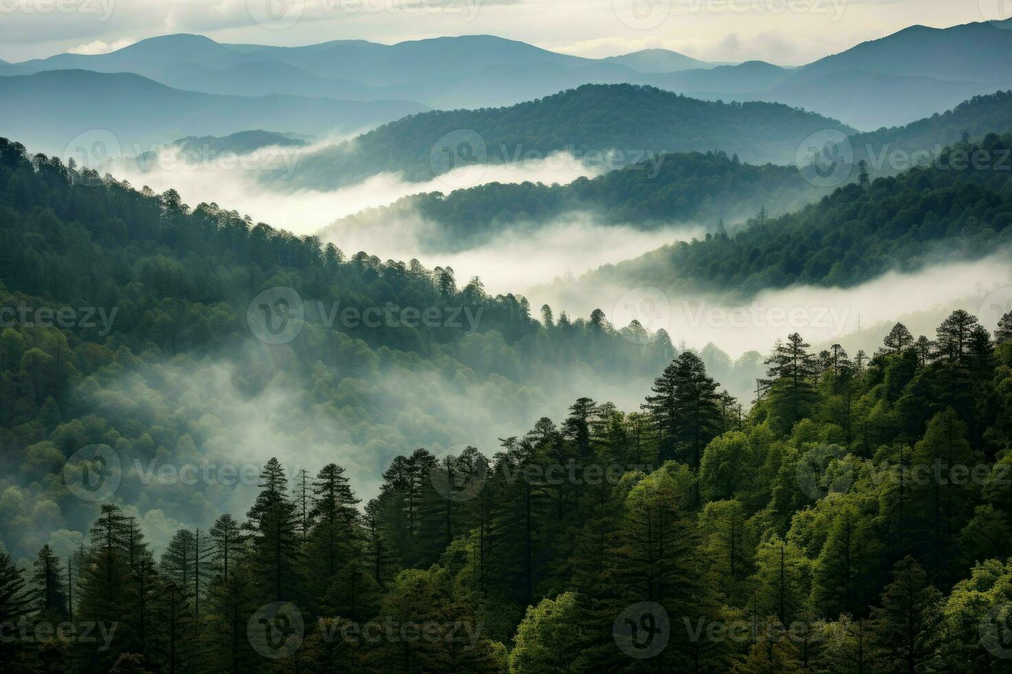 rokerig bewolkt bergen bomen natuurlijk. genereren ai foto