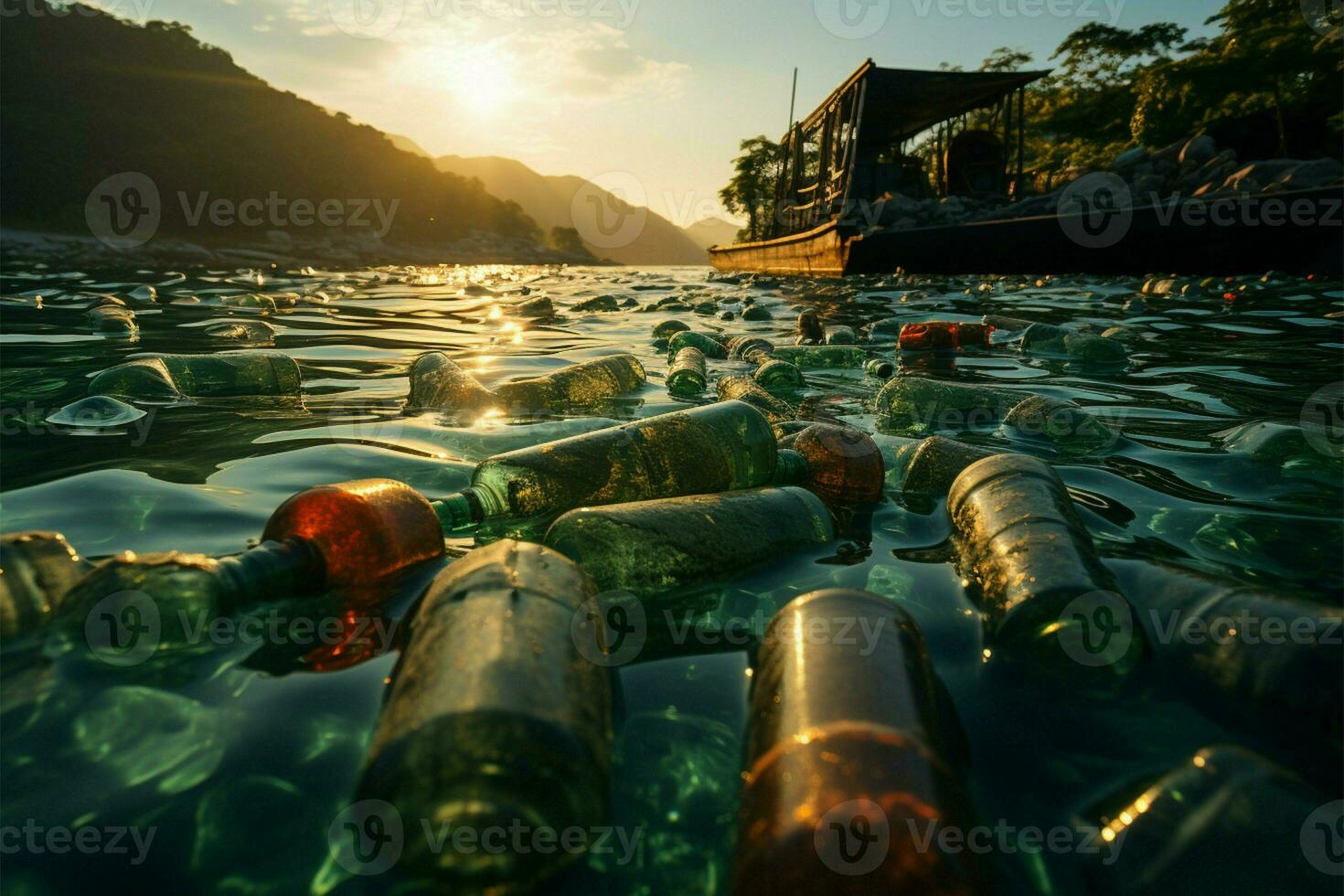 zee besmet met plastic flessen, afbeelden aard degradatie en milieu verontreiniging ai gegenereerd foto