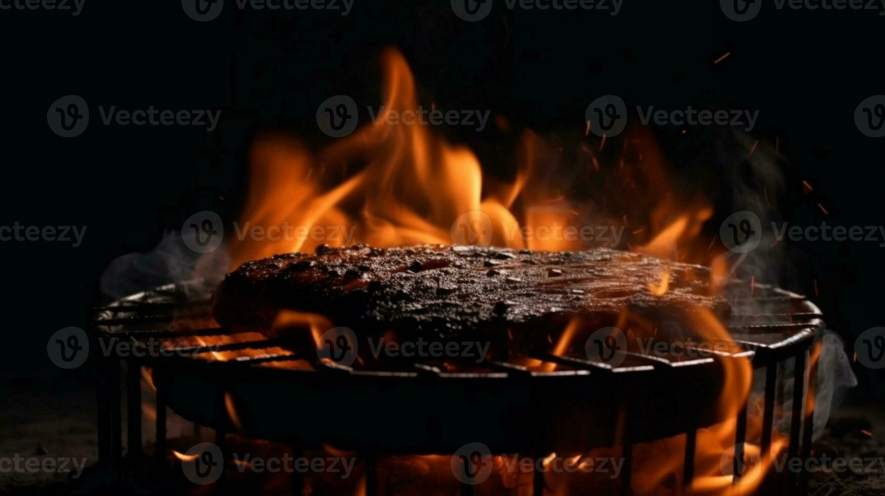 rooster hel, zwart backdrop met een laaiend brand Aan de barbecue. ai gegenereerd foto