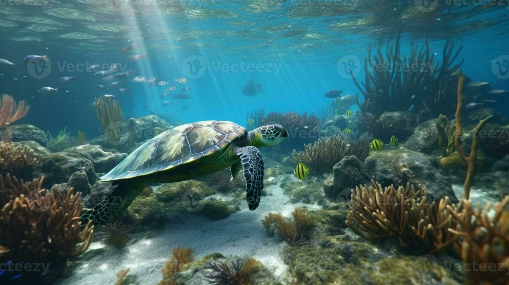 onderwater- wonderland van levendig vis en schildpad ai gegenereerd foto