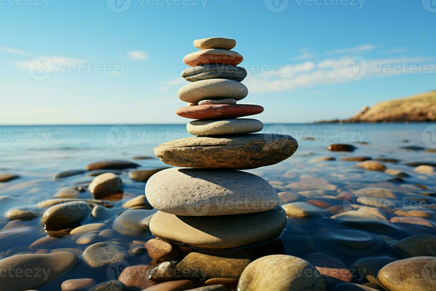 aan het strand relikwie stenen gestapeld net zo een piramide, met uitzicht de expansief zee uitgestrektheid ai gegenereerd foto