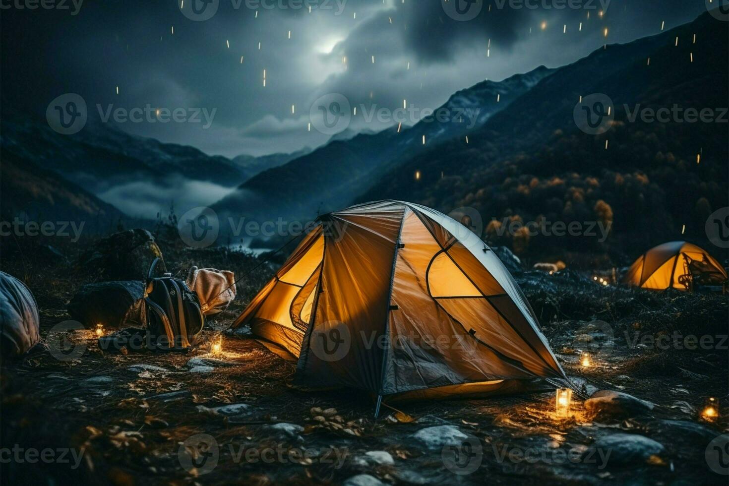 camping in duisternis tenten aanwezigheid merken een vredig nachten avontuur ai gegenereerd foto