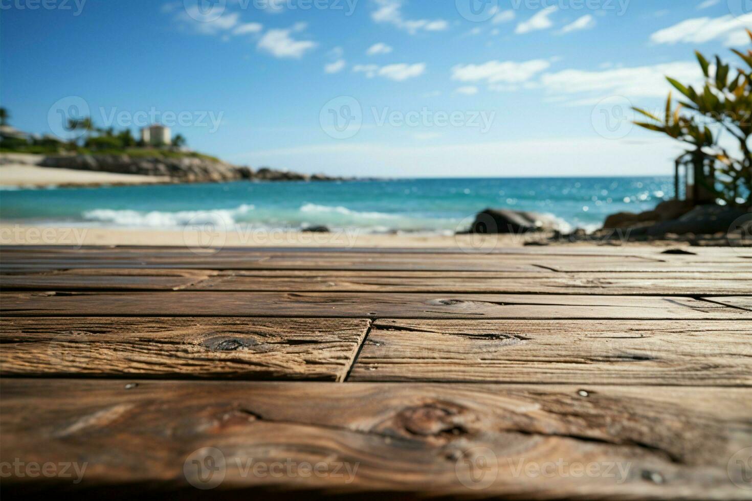 kustlijn stadium wazig strand vormen backdrop voor houten dekken veelzijdig Product wordt weergegeven ai gegenereerd foto