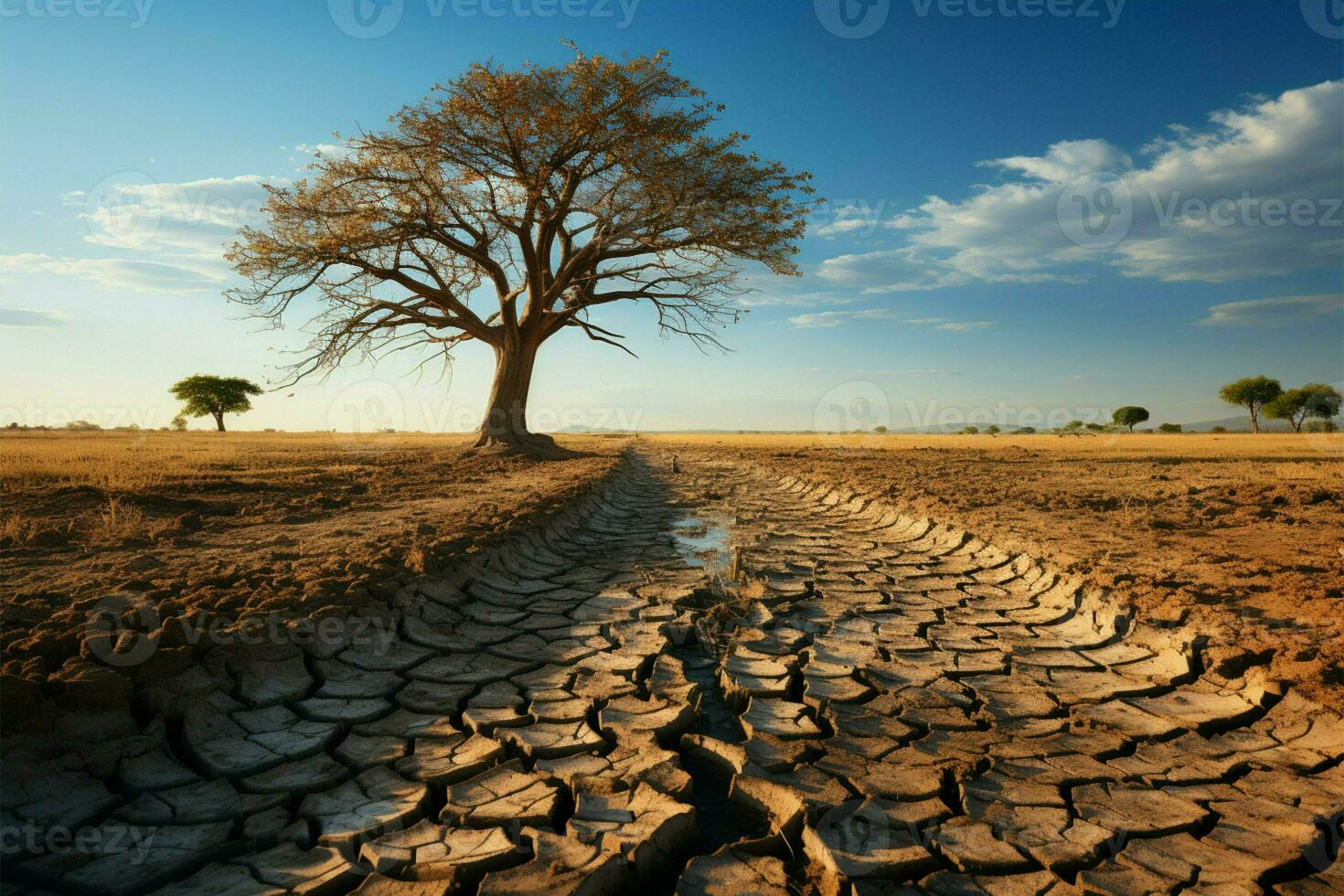 eenzaam boom groeit Aan gebarsten land, illustreren klimaat veranderingen droogte gedreven gevolgen ai gegenereerd foto