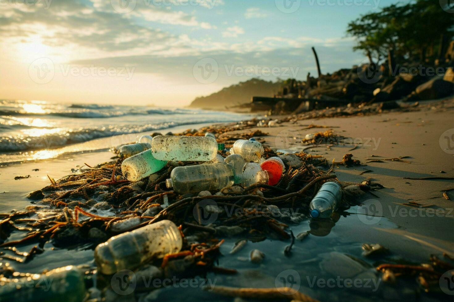 plastic overblijfselen verstrooien strand, onderstrepen milieu kwaad veroorzaakt door strand verontreiniging ai gegenereerd foto