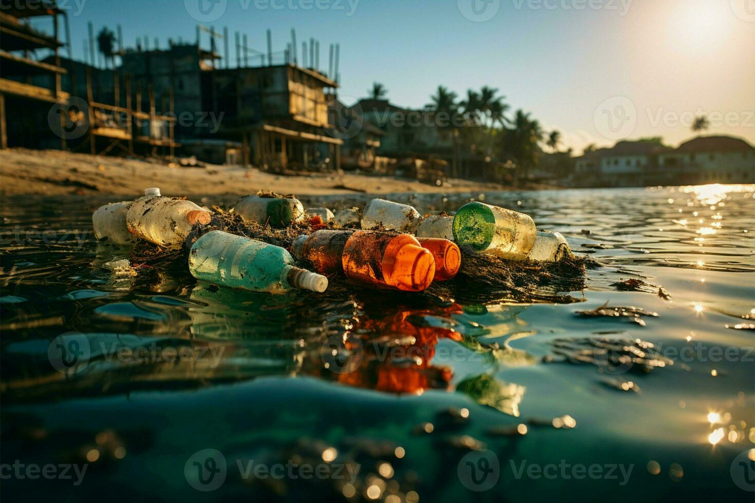 plastic overblijfselen verstrooien strand, onderstrepen milieu kwaad veroorzaakt door strand verontreiniging ai gegenereerd foto