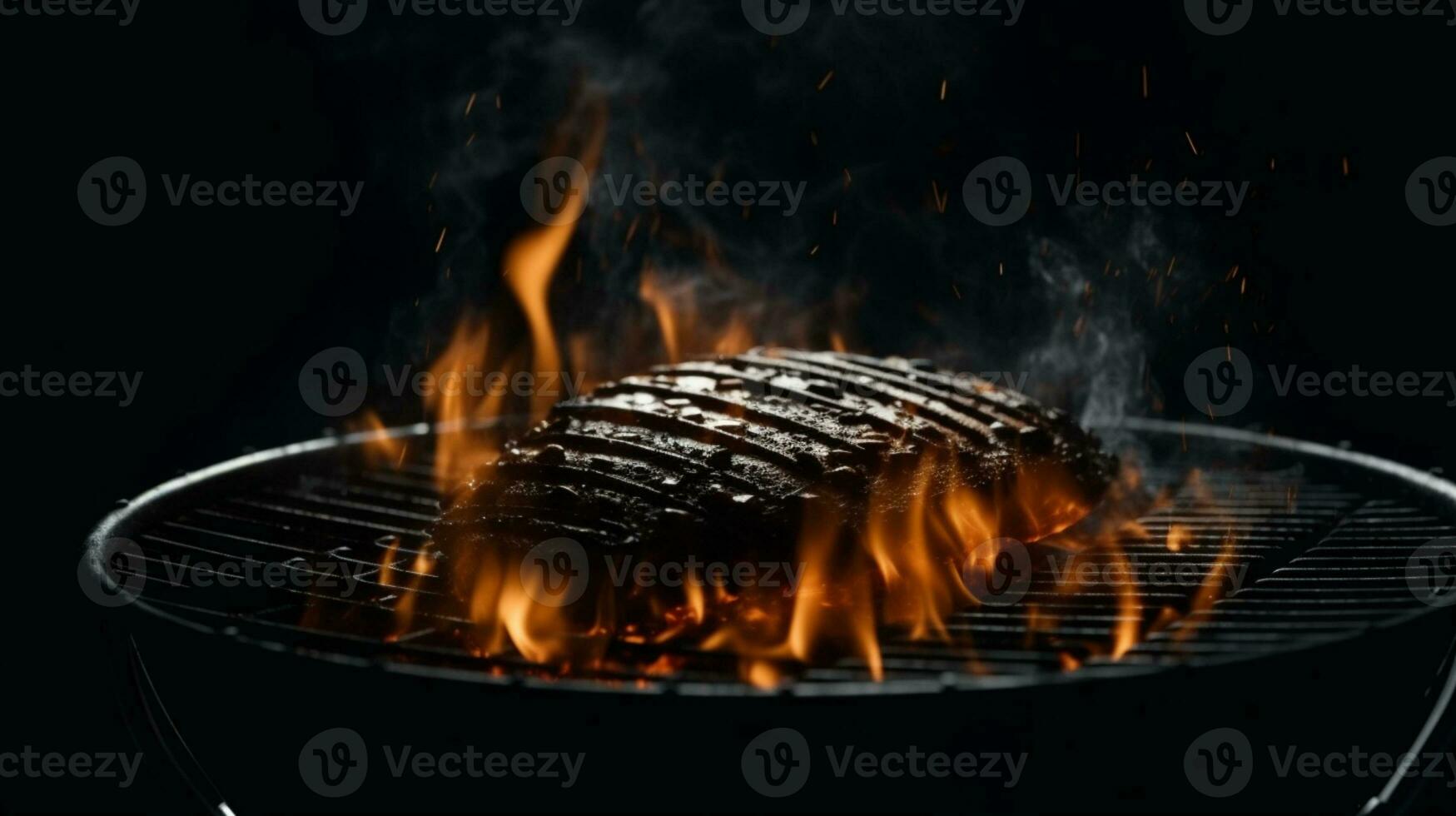 vlammend grill, barbecue rooster in vuur en vlam met vurig vlammen Aan zwart achtergrond. ai gegenereerd foto