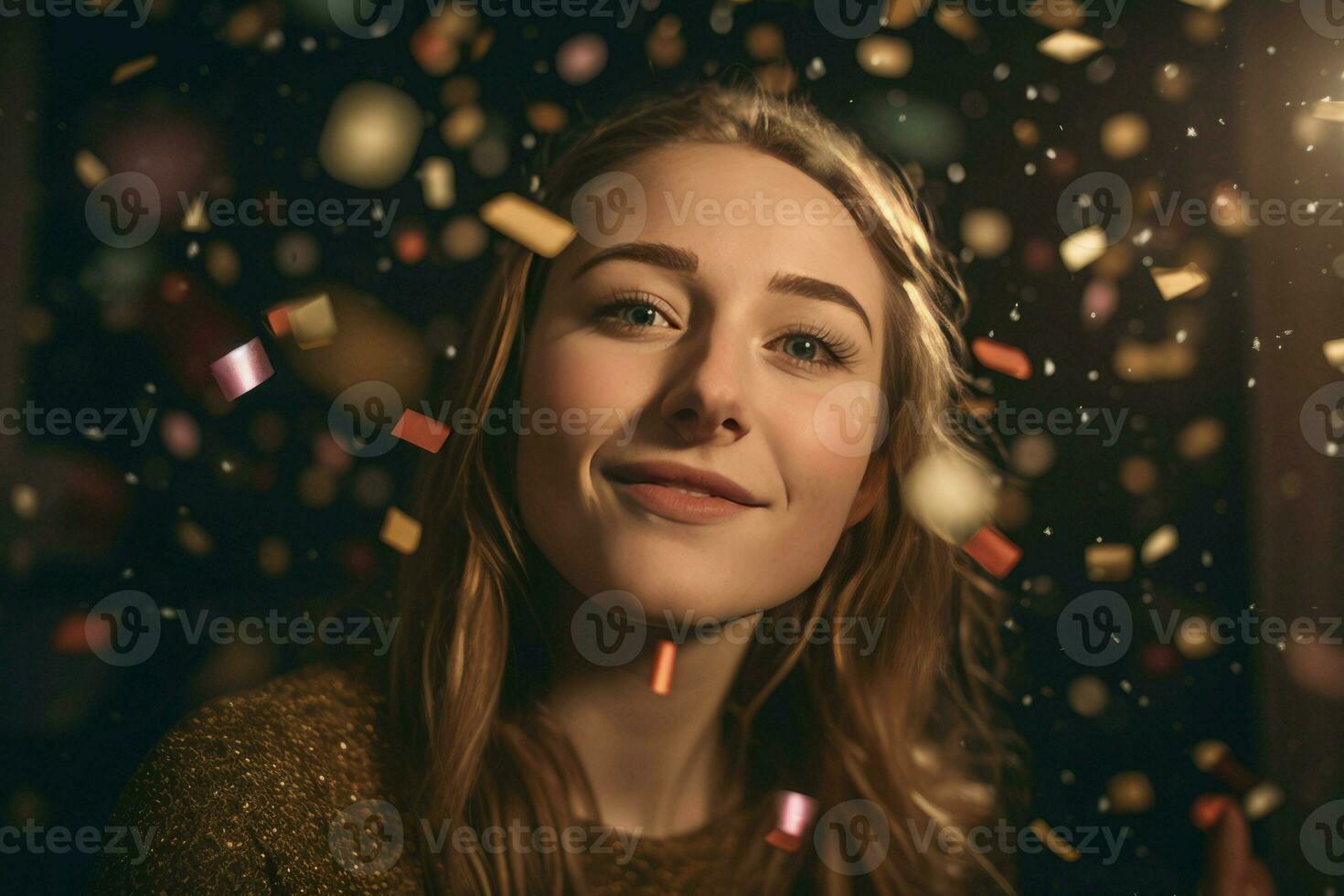 vrouw confetti viering feest. genereren ai foto