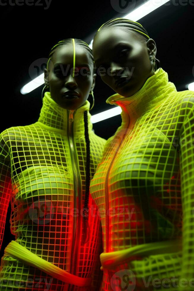 modellen gedrapeerd in neon maas kleding stof staking stoutmoedig poses in monochromatisch meetkundig studio's foto