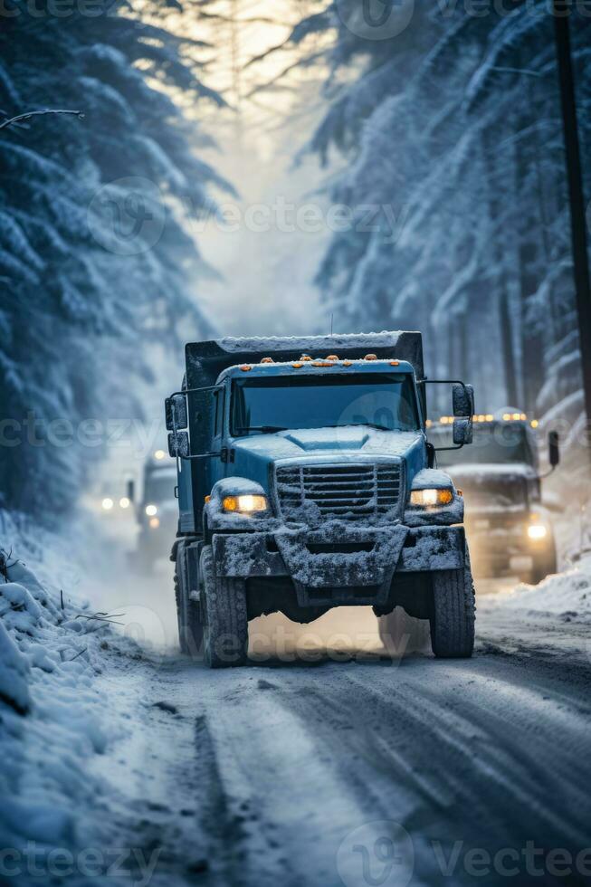 voertuigen navigeren ijzig wegen temidden van sneeuwval en gevaarlijk verminderd zichtbaarheid foto