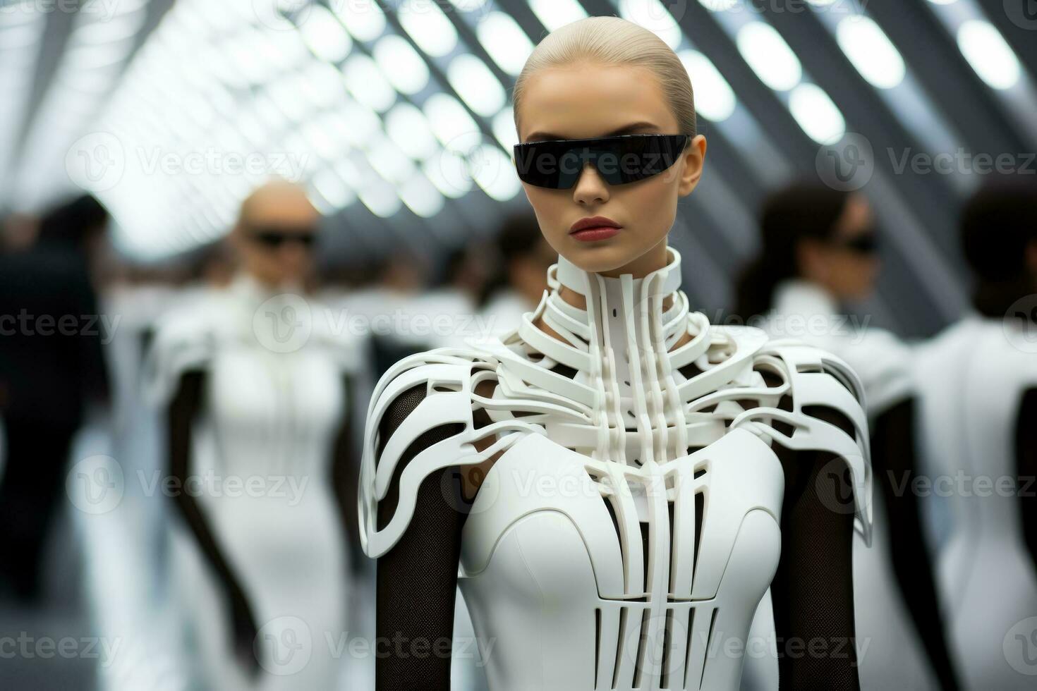 cybernetisch modellen strutting in strak monochroom ensembles uitstralend futuristische elegantie foto