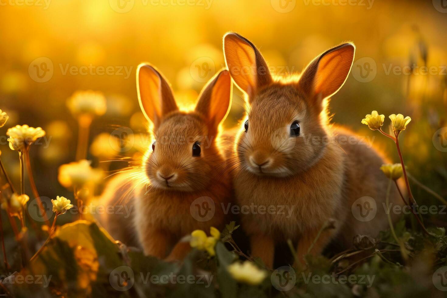 aanbiddelijk baby konijnen lekker liggen met hun moeder in een zonovergoten veld- presentatie van de warmte en binding van moederlijk liefde foto