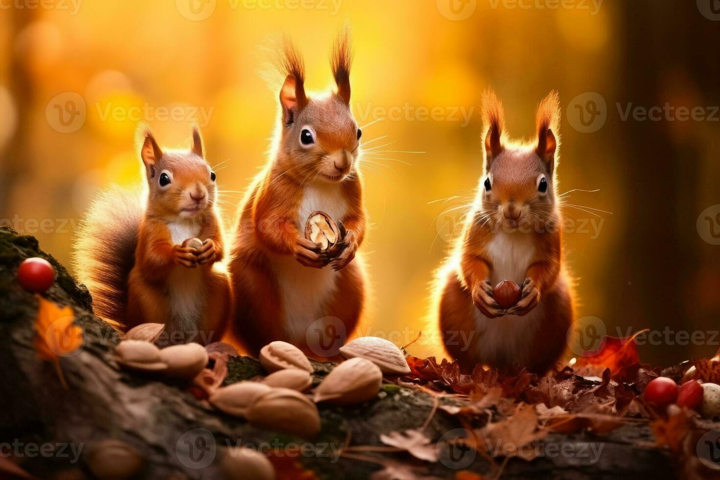 een charmant eekhoorn familie druk verzamelen noten in de levendig herfst kleuren van de Woud foto