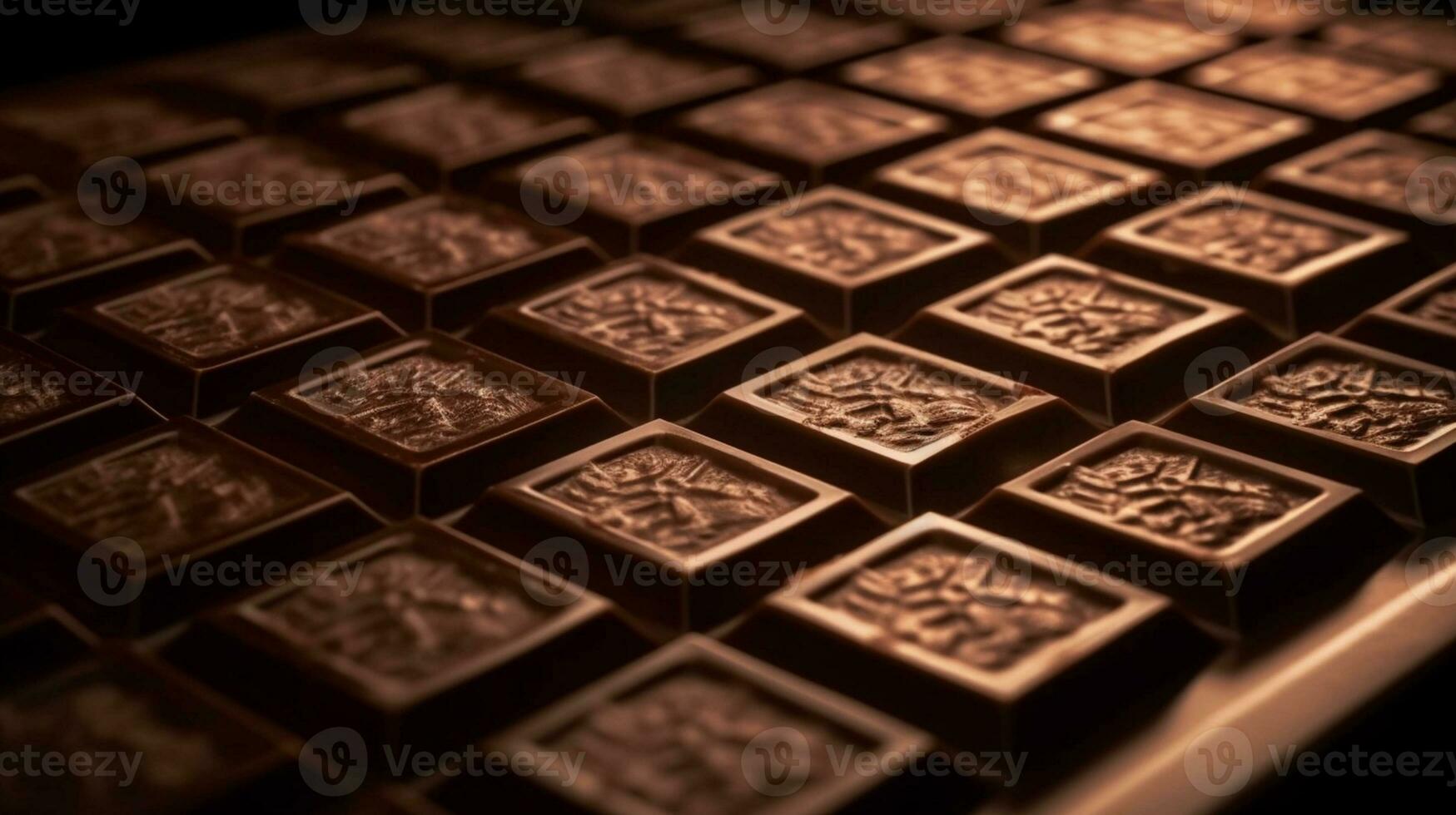 listig chocola tegels, detailopname visie van voorzichtig bewerkte donker chocola vierkanten. ai gegenereerd foto