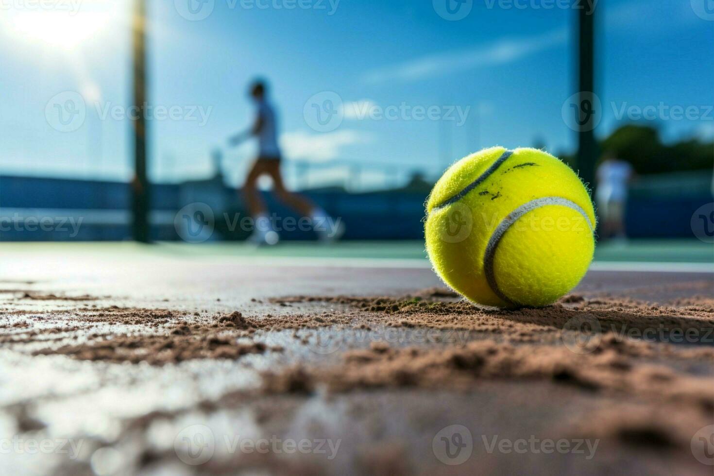 Kaukasisch padel tennis speler hits geel bal Aan een blauw rechtbank ai gegenereerd foto