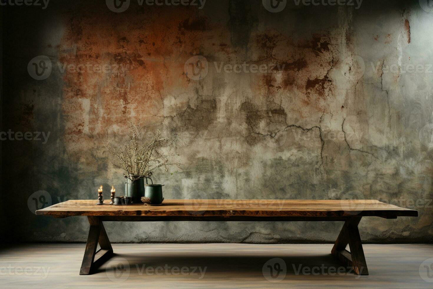 vrijgekomen hout tafel, rustiek warmte uitlijnt met stedelijk beton muur, zichtbaar verhaal ai gegenereerd foto